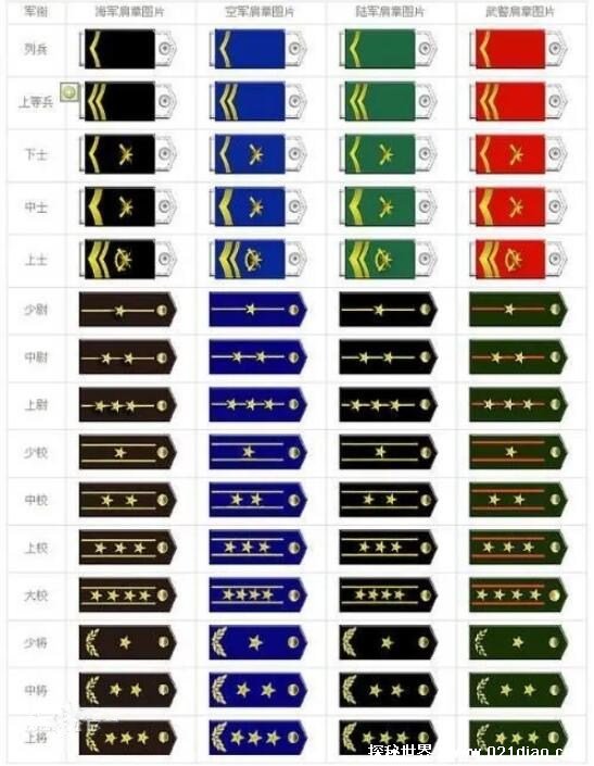 最新部队军衔等级肩章排列图片，参军就有肩章而最高军衔是上将